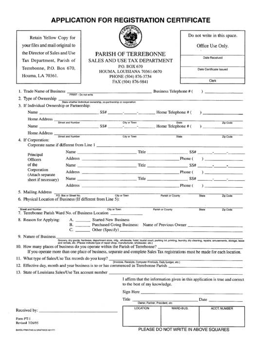 Form Pt-1 - Application For Registration Certificate - Parish Of Terrebonne, Louisiana Sales & Use Tax Department Printable pdf