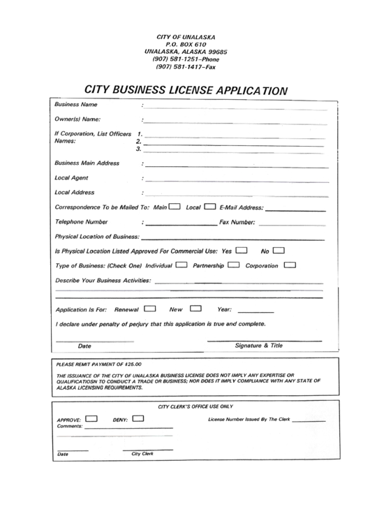City Business License Application - City Of Unalaska, Alaska Printable pdf