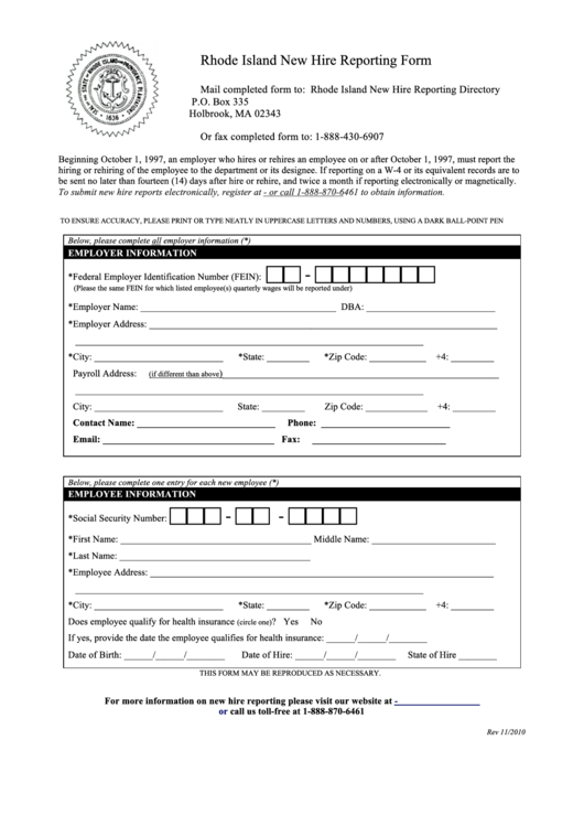 Rhode Island New Hire Reporting Form Printable pdf