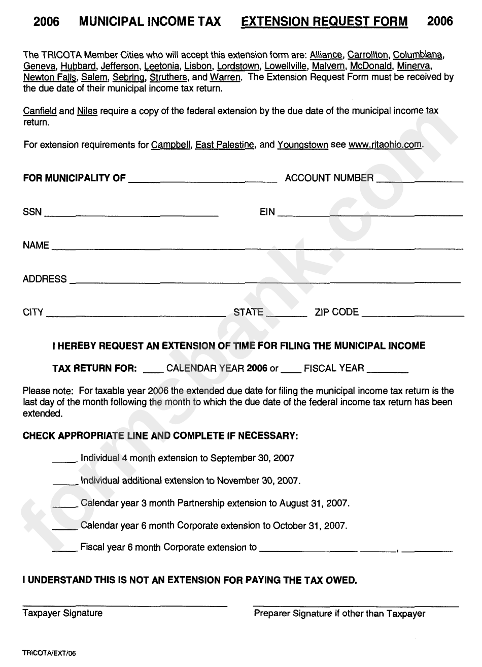 Extension Request Form - Tricota, Ohio Municipal Income Tax - 2006