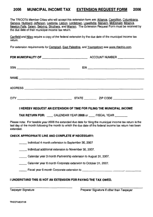 Extension Request Form - Tricota, Ohio Municipal Income Tax - 2006 Printable pdf