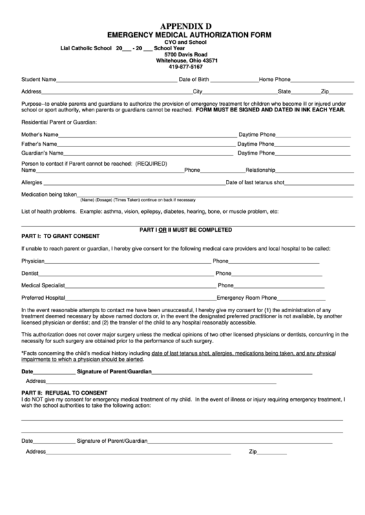 Emergency Medical Authorization Form Printable pdf
