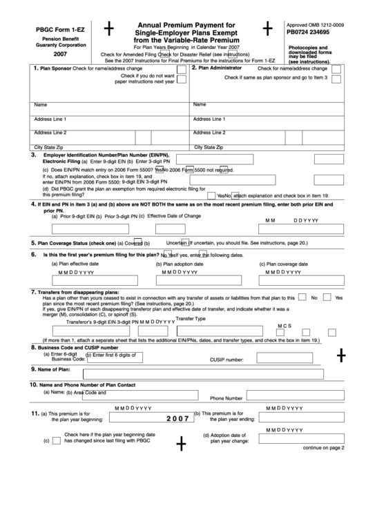 Pbgc Form 1-Ez - Annual Premium Payment For Single-Employer Plans Exempt From The Variable-Rate Premium - 2007 Printable pdf