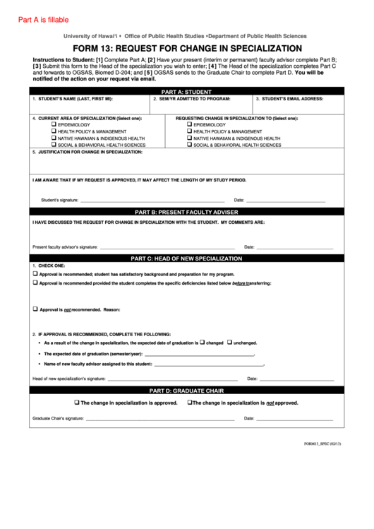 Fillable Form 13 - Request For Change In Specialization Printable pdf