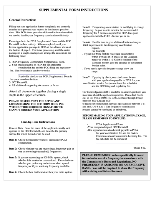 Instructions For Supplemental Form (Fcc Form 601) Printable pdf