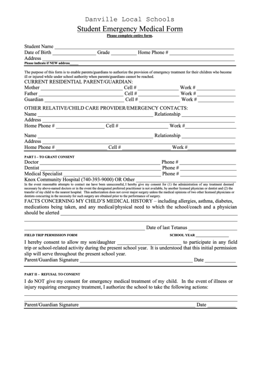 Student Emergency Medical Form Printable pdf