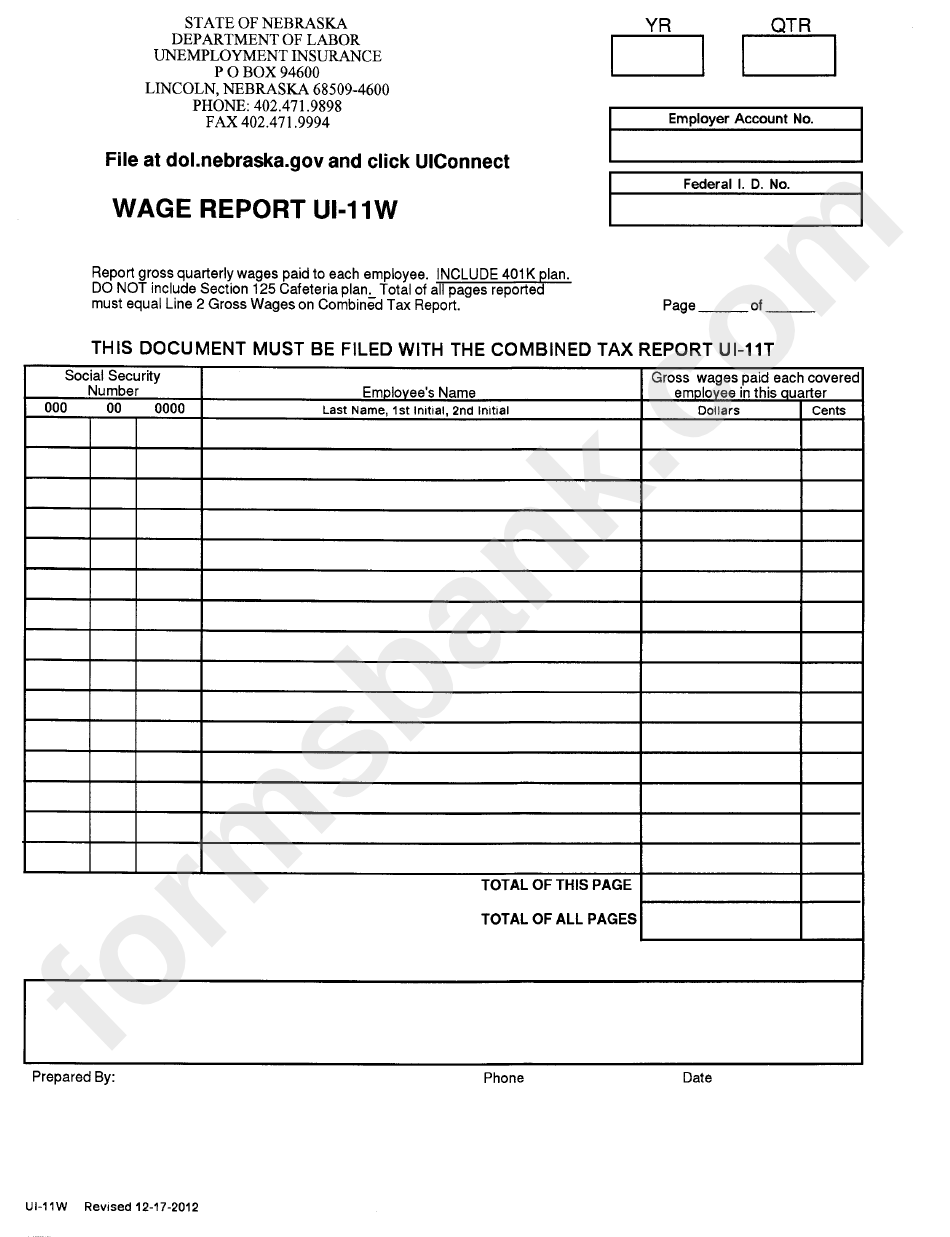Form Ui-11w - Wage Report - Nebraska Department Of Labor