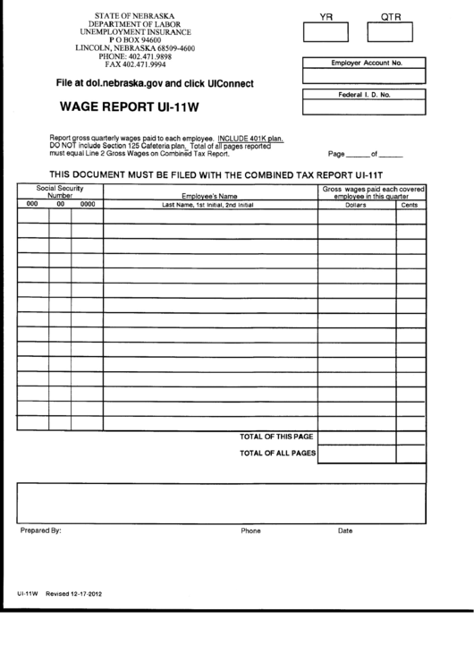 Form Ui-11w - Wage Report - Nebraska Department Of Labor Printable pdf