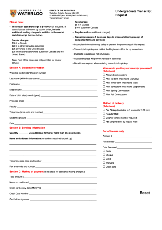 Fillable Undergraduate Transcript Request Form - University Of Waterloo Printable pdf
