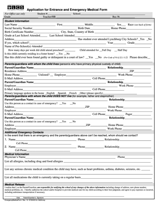 Application For Entrance And Emergency Medical Form Printable pdf