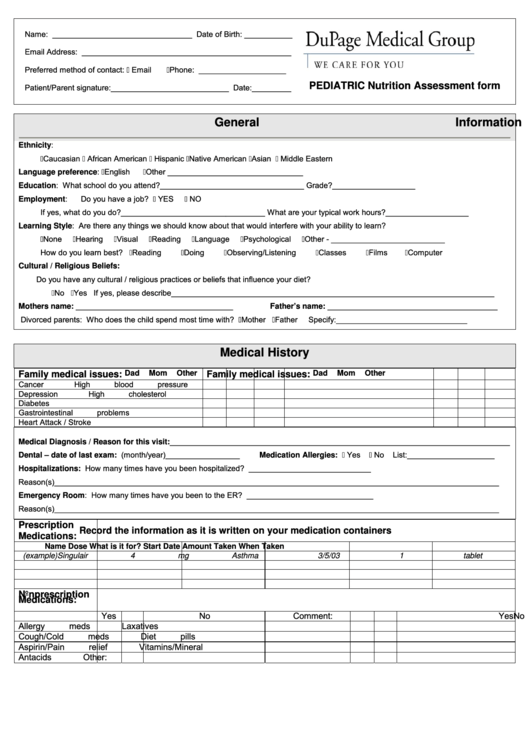 Pediatric Nutrition Assessment Form printable pdf download