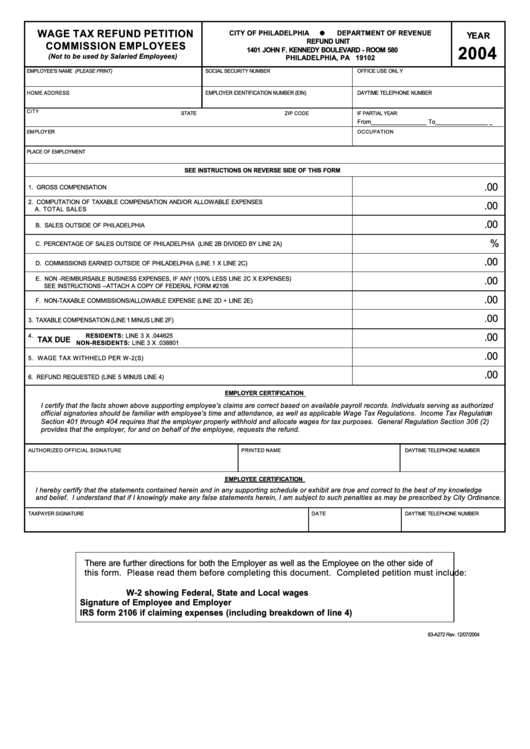 Form 83-A272 - Wage Tax Refund Petition Commission Employees - 2004 Printable pdf