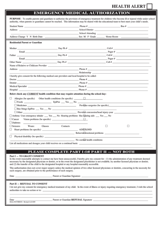 Fillable Health Form B - Emergency Medical Authorization Printable pdf