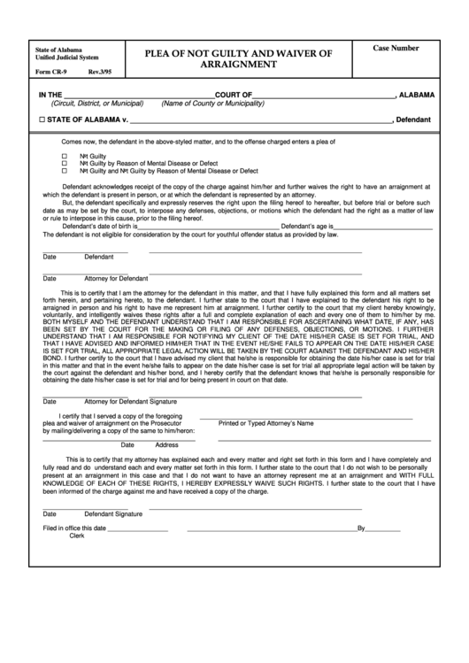 Fillable Form Cr-9 - Plea Of Not Guilty And Waiver Of Arraignment Printable pdf
