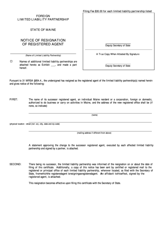 Fillable Form Mllp-12e - Notice Of Resignation Of Registered Agent - Maine Secretary Of State Printable pdf
