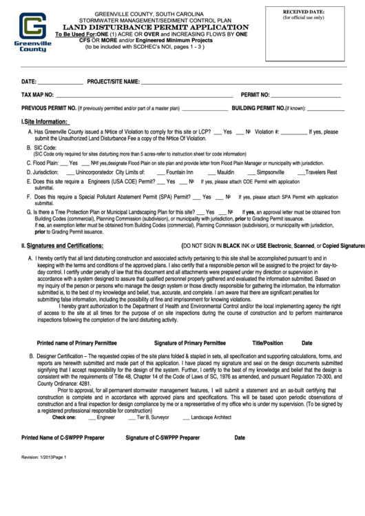 Fillable Land Disturbance Permit Application Form - Greenville County Printable pdf