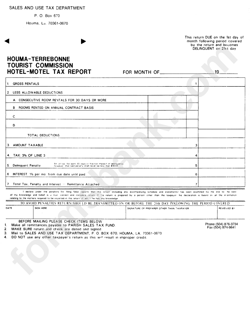 Tourist Commission Hotel-Motel Tax Report - City Of Houma, Louisiana Sales & Use Tax Department