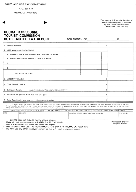 Tourist Commission Hotel-Motel Tax Report - City Of Houma, Louisiana Sales & Use Tax Department Printable pdf