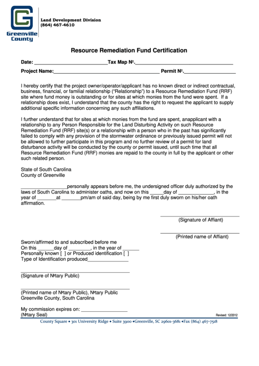Fillable Resource Remediation Fund Certification Form - Land Development Division - Greenville County Printable pdf