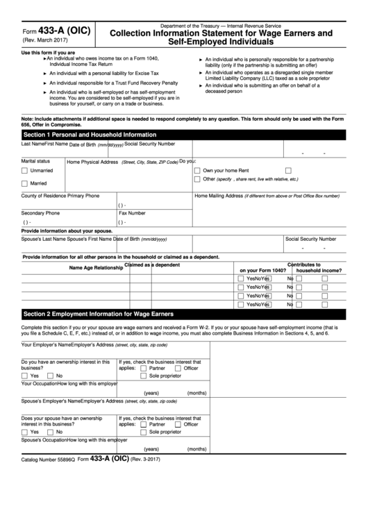 Form 433-A (Oic) - Collection Information Statement For Wage Earners And Self-Employed Individuals Printable pdf