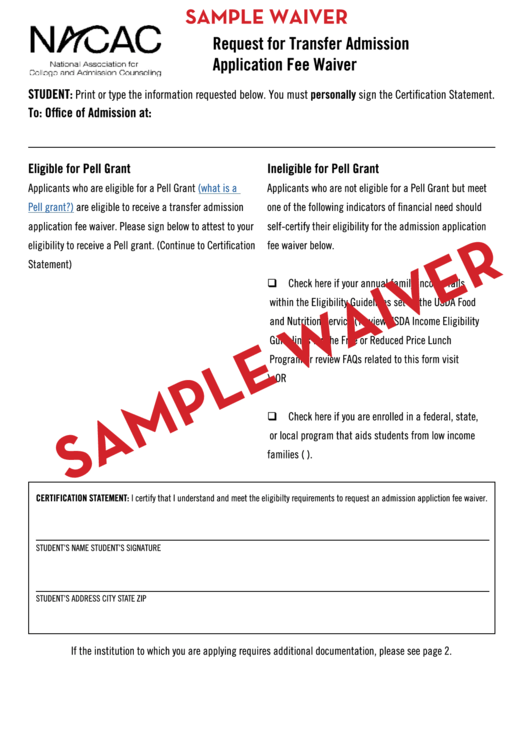 Sample Request For Transfer Admission - Application Fee Waiver - Nacac Printable pdf