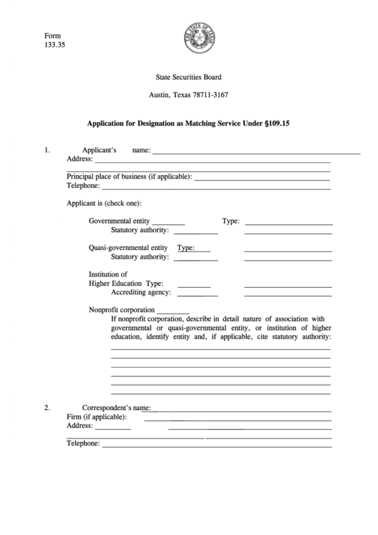 Form 133.35 - Application For Designation As Matching Service Under 