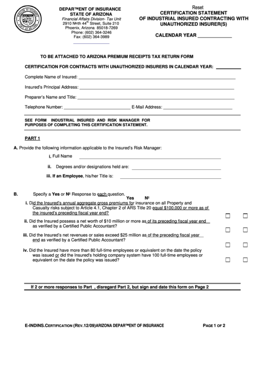 Fillable Form E-Indins - Certification Statement Of Industrial Insured Contracting With Unauthorized Insurer(S) - 2009 Printable pdf