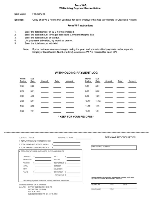 Form W-7 - Withholding Payment Reconciliation - City Of Cleveland Heights, Ohio Income Tax Division Printable pdf