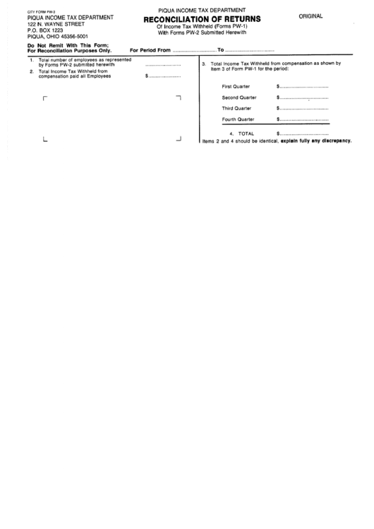 Form Pw3 Reconciliation Of Returns City Of Piqua Tax Department printable pdf download