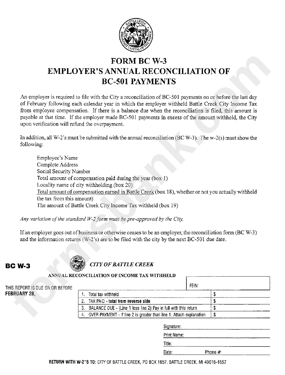 Form Bc W-3 - Annual Reconciliation Of Income Tax Withheld - City Of Battle Creek, Michigan
