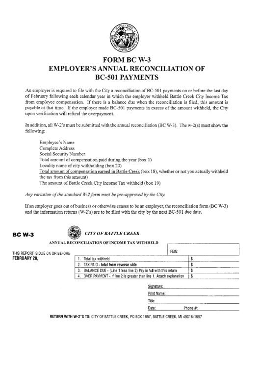Form Bc W-3 - Annual Reconciliation Of Income Tax Withheld - City Of Battle Creek, Michigan Printable pdf