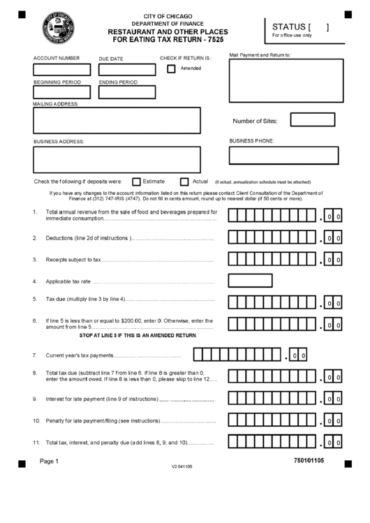 Form 7525 - Restaurant And Other Places For Eating Tax Return - City Of Chicago Department Of Finance Printable pdf