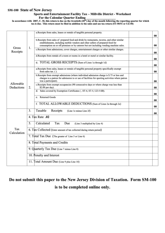 Form Sm-100 - Sports And Entertainment Facility Tax - Millville District - Worksheet Printable pdf