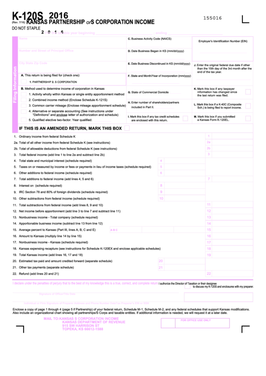 Fillable Form Ks-120s - Kansas Partnership Or S Corporation Income - 2016 Printable pdf