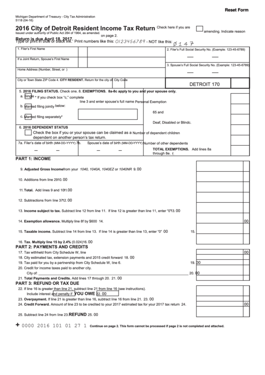 Fillable Form 5118 - City Of Detroit Resident Income Tax Return - 2016 Printable pdf