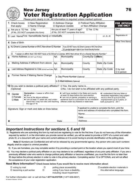 Fillable Form 76 - New Jersey Voter Registration Application Printable pdf