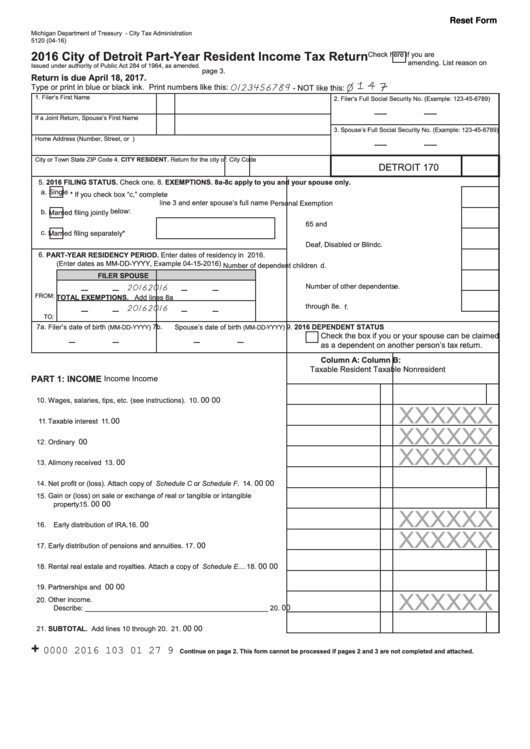 Fillable Form 5120 - City Of Detroit Part Year Resident Income Tax Return - 2016 Printable pdf