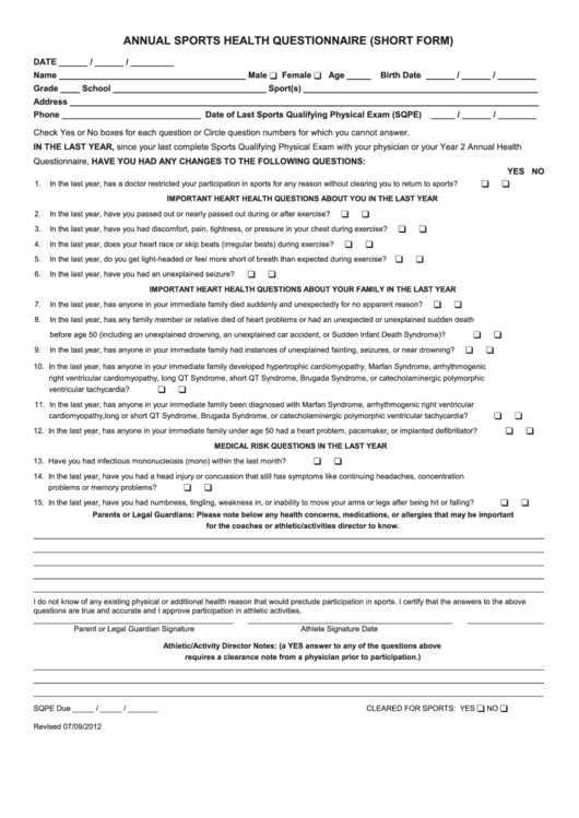 Annual Sports Health Questionnaire (short Form)