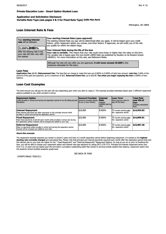 Private Education Loan - Smart Option Student Loan - Application And Solicitation Disclosure - Variable Rate Type Printable pdf