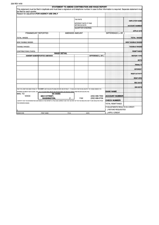 Form 226 - Statement To Amend Contribution And Wage Report