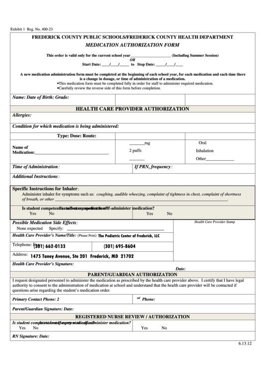 Form 400-23 - Medication Authorization Form Printable pdf