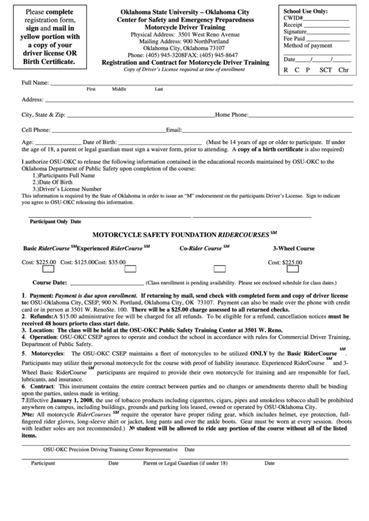 Registration And Contract For Motorcycle Driver Training - Oklahoma State University - Oklahoma City - Center For Safety And Emergency Preparedness Motorcycle Driver Training Form Printable pdf