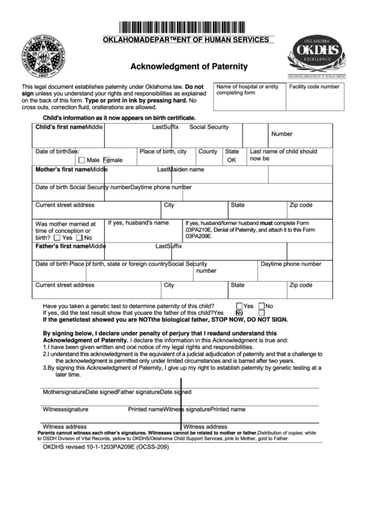 Fillable Form 03pa209e - Acknowledgment Of Paternity - Oklahoma Department Of Human Services Printable pdf