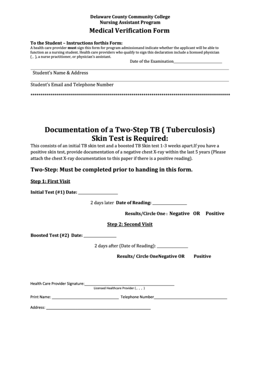 Medical Verification - Delaware County Community College - Nursing Assistant Program Form Printable pdf