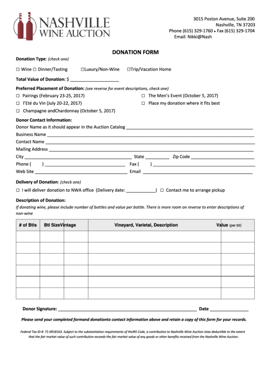 Nashville Wine Auction Donation Form Printable pdf
