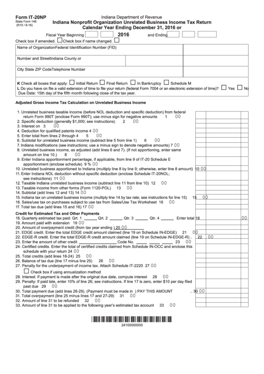 Fillable Form It-20np - Indiana Nonprofit Organization Unrelated Business Income Tax Return Printable pdf