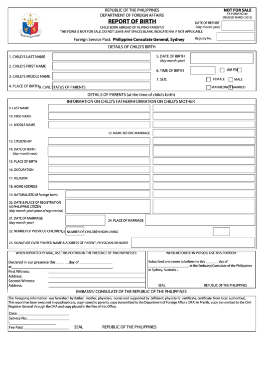 Fillable Fa Form No.40 - Report Of Birth - Consulate General Of The Philippines In Sydney, Australia Printable pdf
