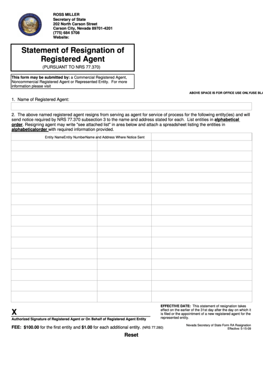 Fillable Statement Of Resignation Of Registered Agent Printable pdf