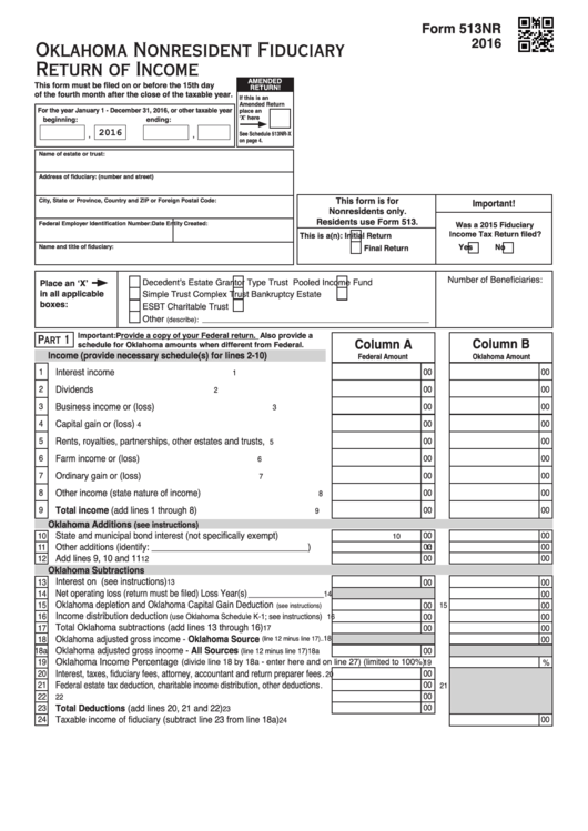 Fillable Form 513nr - Oklahoma Nonresident Fiduciary Return Of Income - 2016 Printable pdf