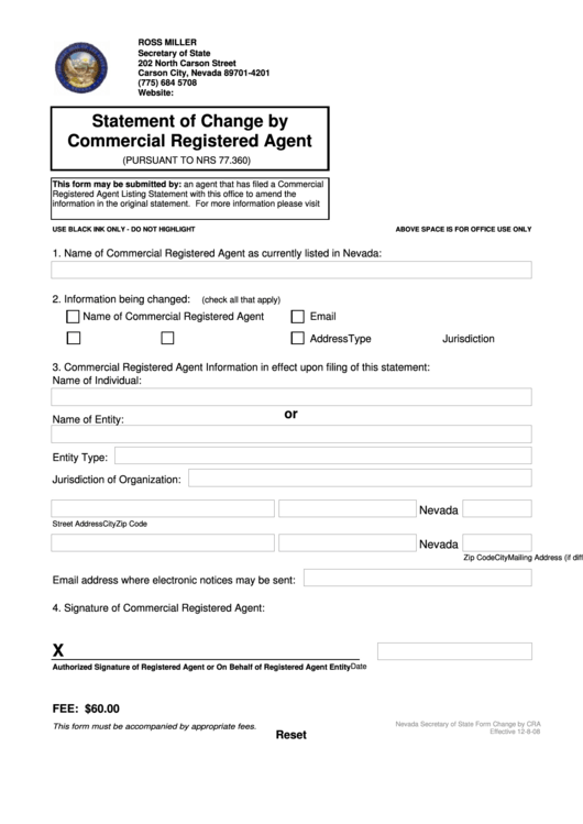 Fillable Statement Of Change By Commercial Registered Agent Printable pdf